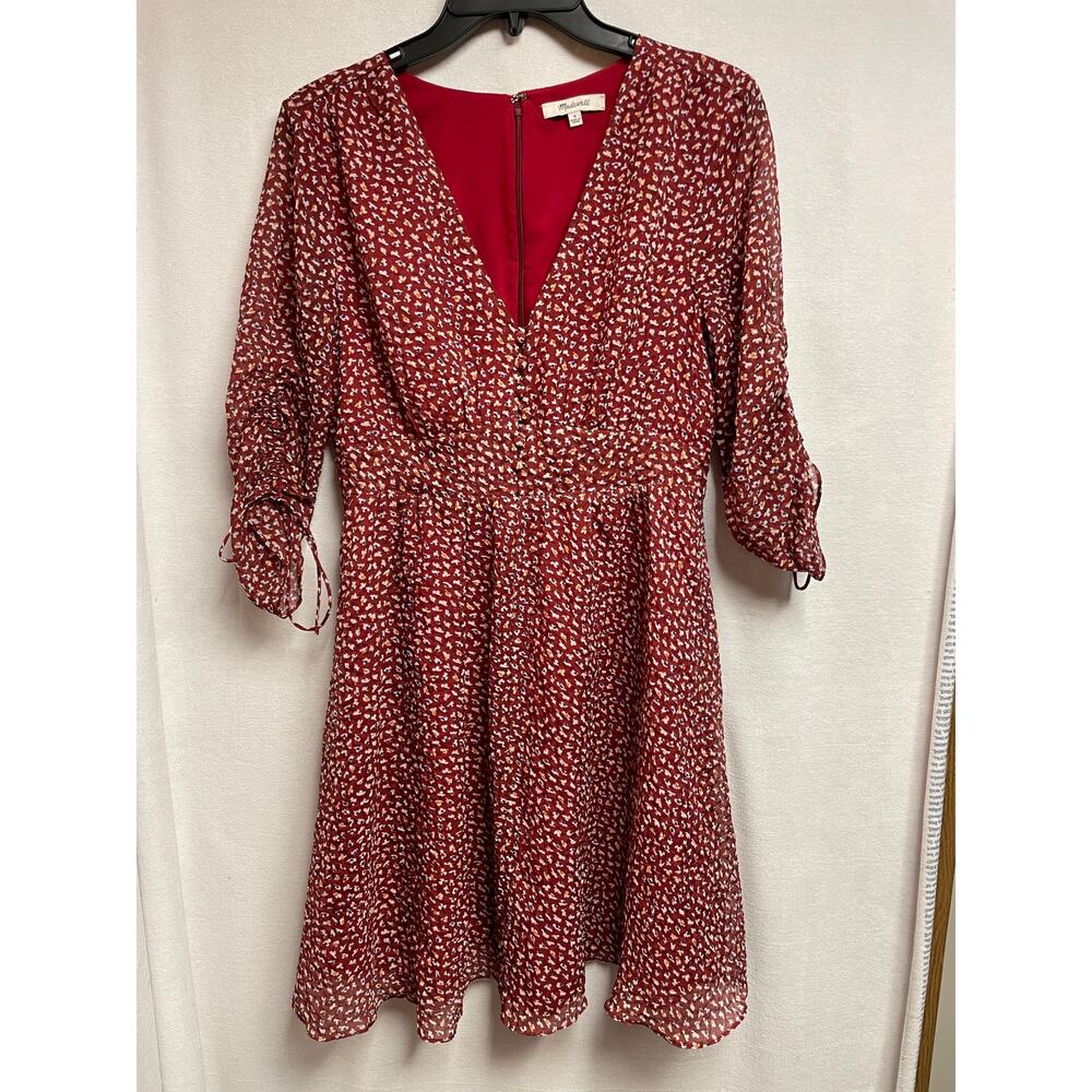 Madewell womens flowing dress 4 maroon blue green flowers zip back lightweight‎